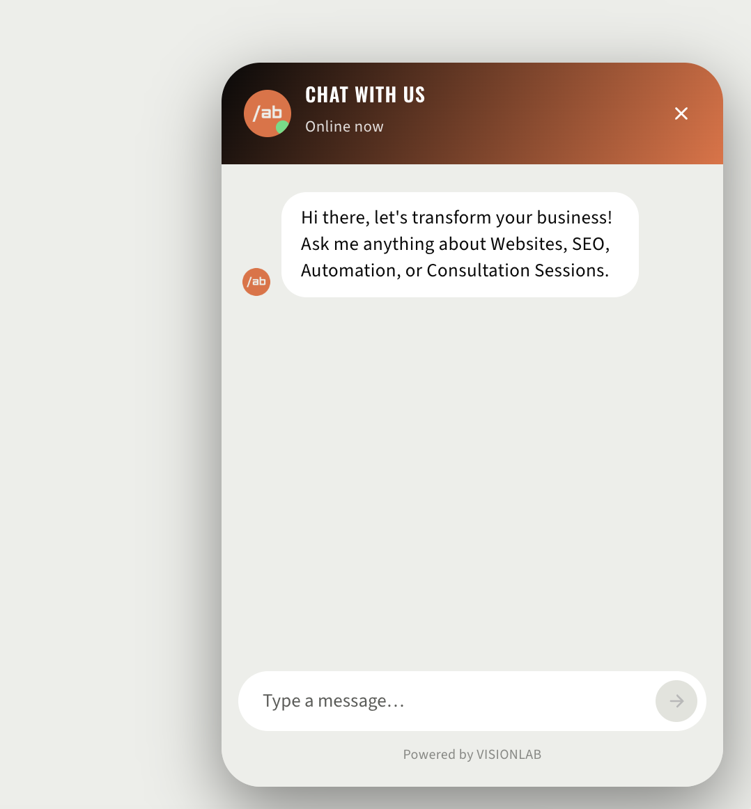 Screenshot of the RAG chatbot widget answering a visitor question about websites, SEO, and automation services